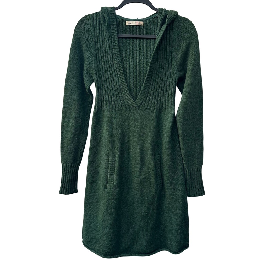 Old Navy Sweater Dress Women Medium Y2K Vtg Ribbed Knit‎ Hoodie Pockets Babydoll